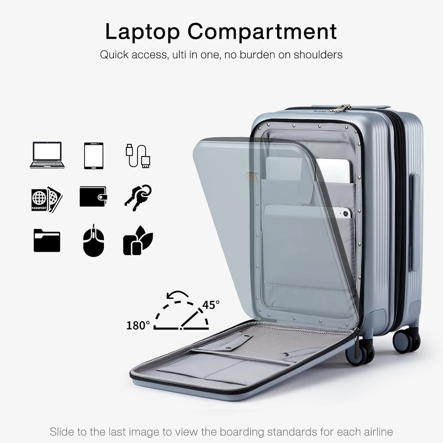 Hanke Grace Expandable Carry On Luggage with Wheels Airline Approved Hard Shell Suitcases with Front Pocket，Top Opening Luggage with TSA Lock for Short Business Travel, Grey.