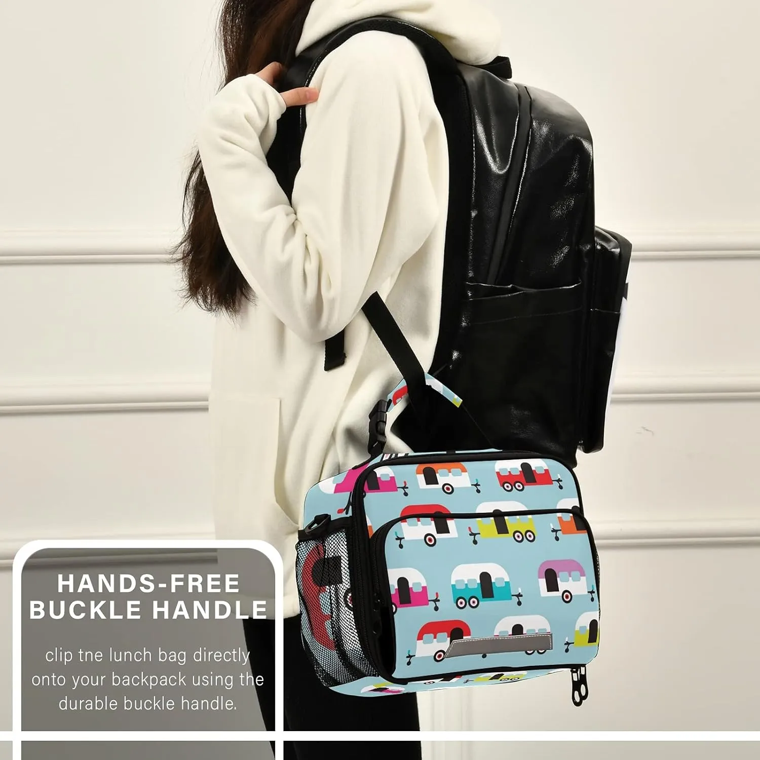 Happy Camper Caravan Lunch Bag, Reusable Lunch Box for Women Men, Insulated Cooler Bag Lunch Tote Bag with Shoulder Strap for School Office Picnic Travel¡­