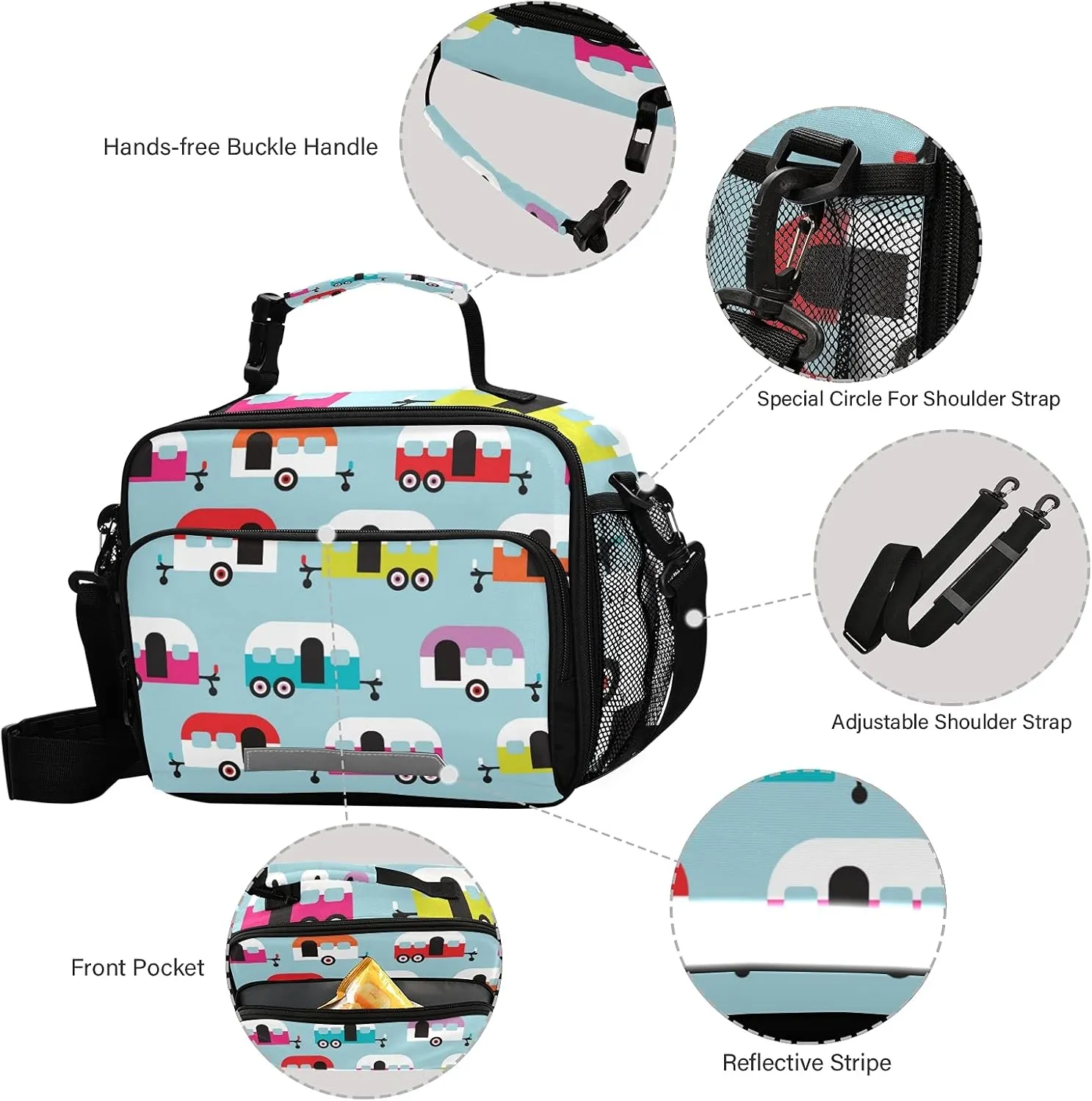 Happy Camper Caravan Lunch Bag, Reusable Lunch Box for Women Men, Insulated Cooler Bag Lunch Tote Bag with Shoulder Strap for School Office Picnic Travel¡­