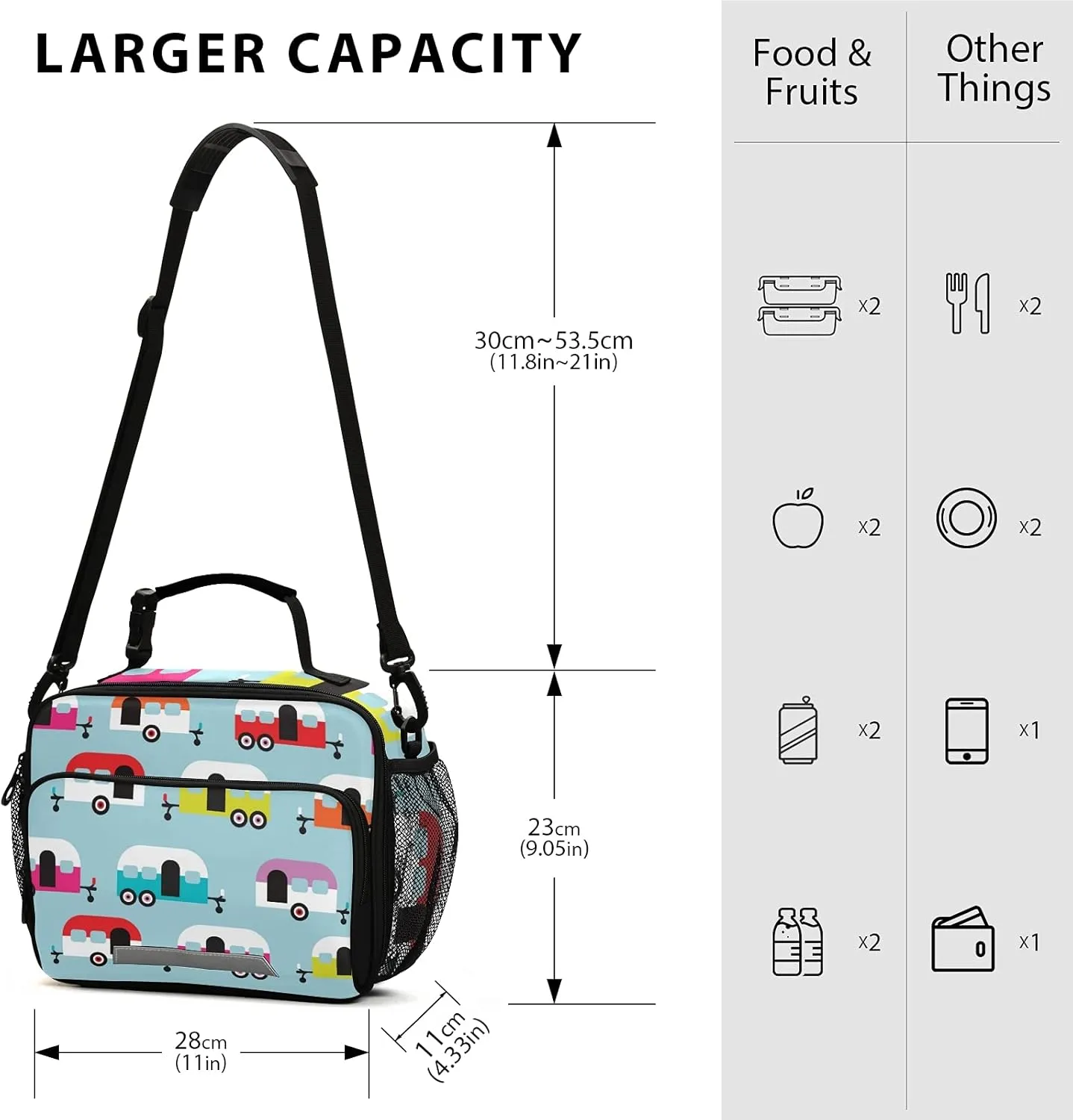 Happy Camper Caravan Lunch Bag, Reusable Lunch Box for Women Men, Insulated Cooler Bag Lunch Tote Bag with Shoulder Strap for School Office Picnic Travel¡­