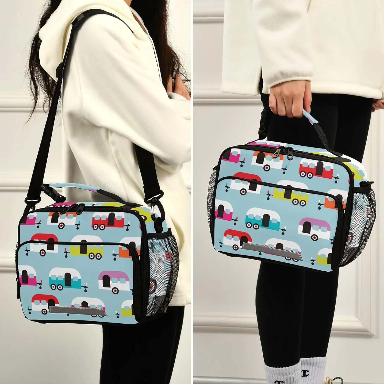 Happy Camper Caravan Lunch Bag, Reusable Lunch Box for Women Men, Insulated Cooler Bag Lunch Tote Bag with Shoulder Strap for School Office Picnic Travel¡­