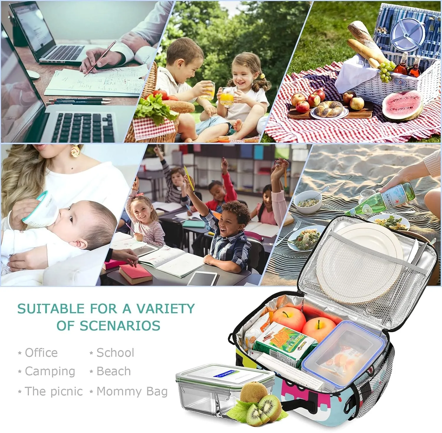 Happy Camper Caravan Lunch Bag, Reusable Lunch Box for Women Men, Insulated Cooler Bag Lunch Tote Bag with Shoulder Strap for School Office Picnic Travel¡­