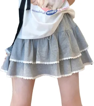 Harajuku Lolita Kawaii Gothic Casual Style Elastic Waisted Soft Vintage Ribbon Lace Trim Layered Short Skirt