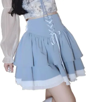 Harajuku Pastel Kawaii Gothic Fashion Casual High Waisted Zipper Vintage Ribbon Trim Lace Layered Short Skirt