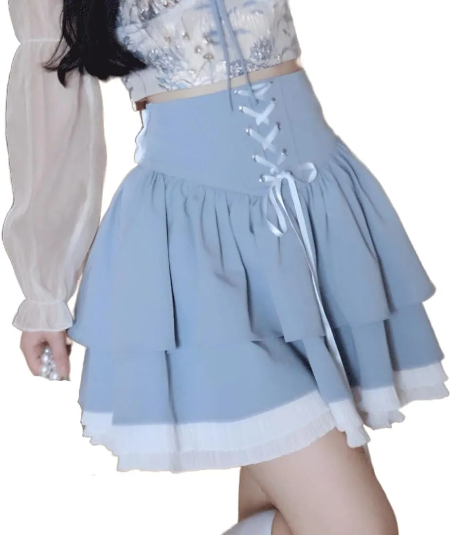 Harajuku Pastel Kawaii Gothic Fashion Casual High Waisted Zipper Vintage Ribbon Trim Lace Layered Short Skirt