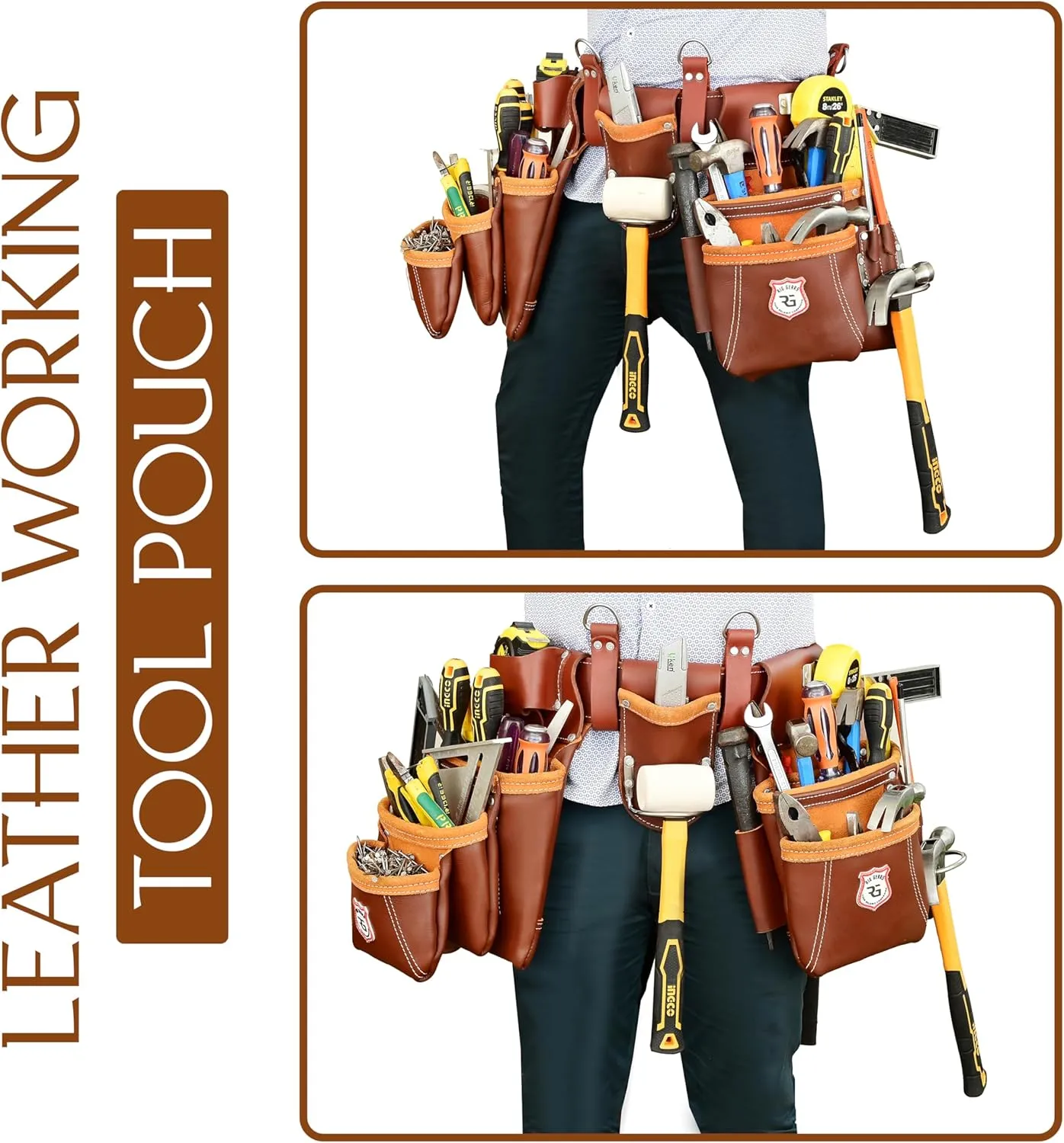 Heavy Duty 17 Pocket Carpenter Leather Tool Belt Set | Combo Multipurpose Framing Tool Belt Work Organizer Bags | Tool Belts For Men Construction Tools Rigs (Maroon, Standard)