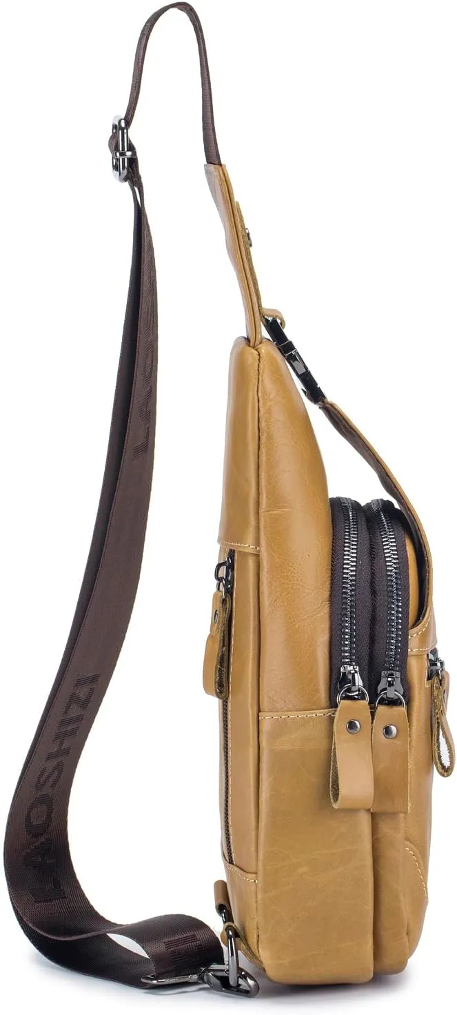 Hebetag Leather Sling Bag Crossbody Backpack for Men Women Outdoor Travel Camping Hiking Shoulder Chest Day Pack Casual Daypack, Yellow Brown