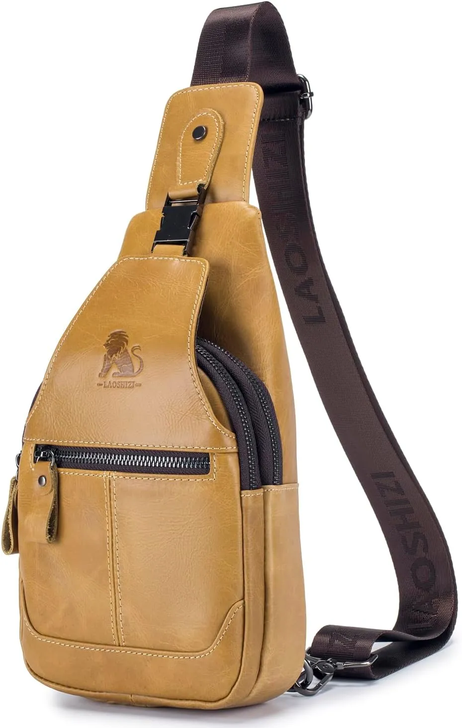 Hebetag Leather Sling Bag Crossbody Backpack for Men Women Outdoor Travel Camping Hiking Shoulder Chest Day Pack Casual Daypack, Yellow Brown