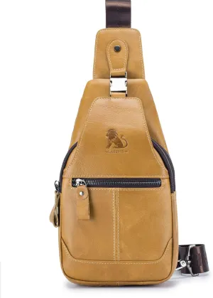 Hebetag Leather Sling Bag Crossbody Backpack for Men Women Outdoor Travel Camping Hiking Shoulder Chest Day Pack Casual Daypack, Yellow Brown