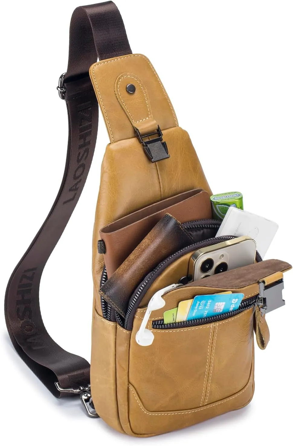 Hebetag Leather Sling Bag Crossbody Backpack for Men Women Outdoor Travel Camping Hiking Shoulder Chest Day Pack Casual Daypack, Yellow Brown