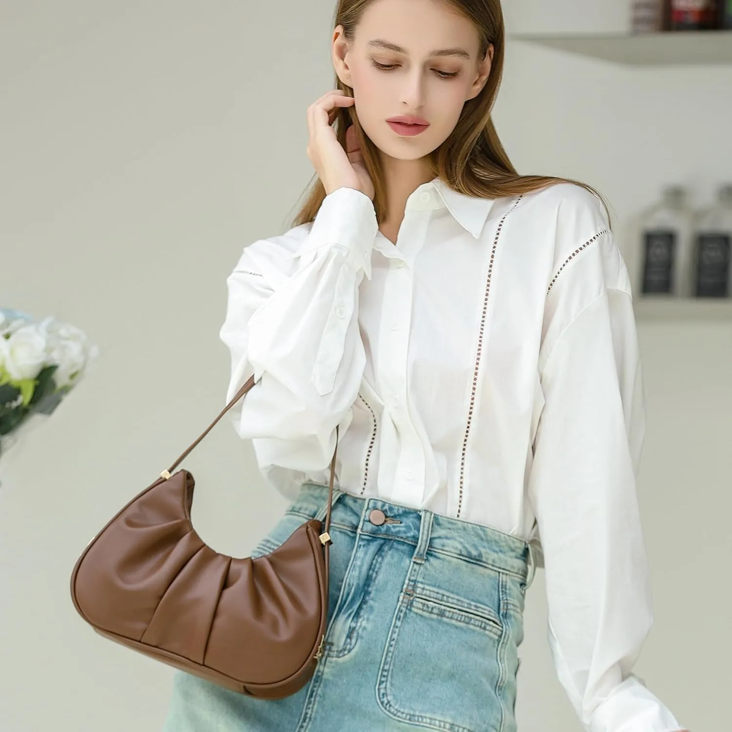 Herald Ruched Shoulder Bag Cloud Design Hobo Clutch Purse for Women Small Mini Cute Tote Handbag with Adjustable Strap