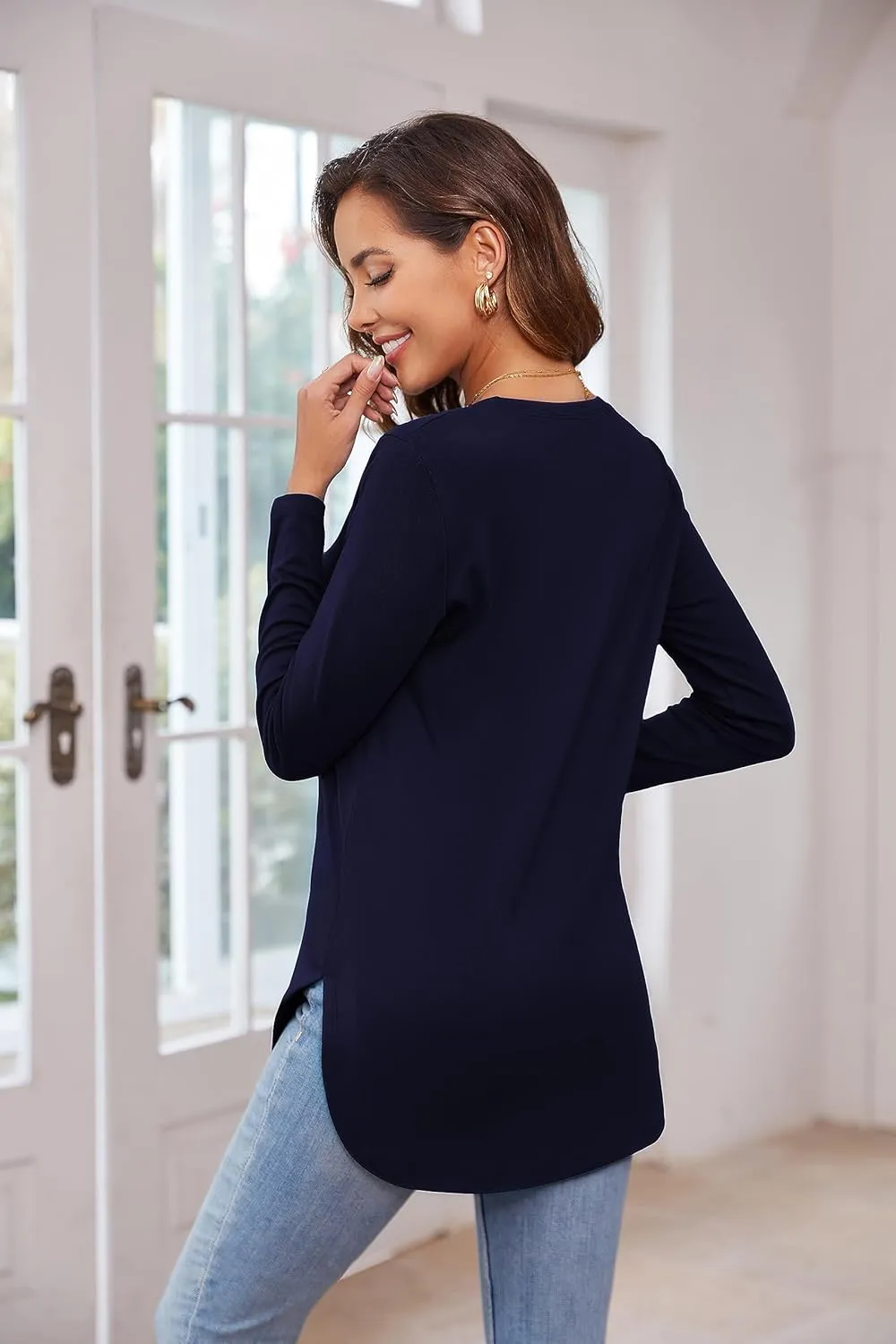 Herou Women's Casual Long Sleeve T Shirt Crewneck With Side Split Fall Pullover Loose Tunic Sweater Tops