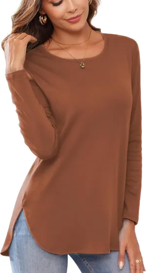Herou Women's Casual Long Sleeve T Shirt Crewneck With Side Split Fall Pullover Loose Tunic Sweater Tops