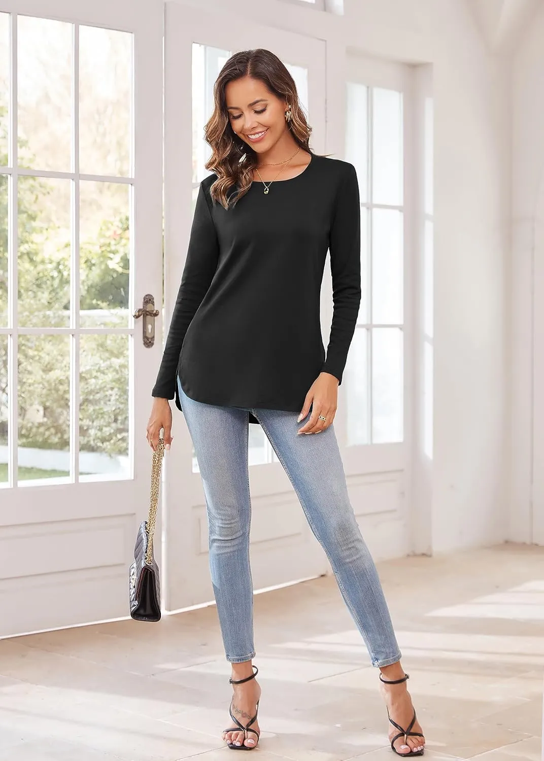 Herou Women's Casual Long Sleeve T Shirt Crewneck With Side Split Fall Pullover Loose Tunic Sweater Tops