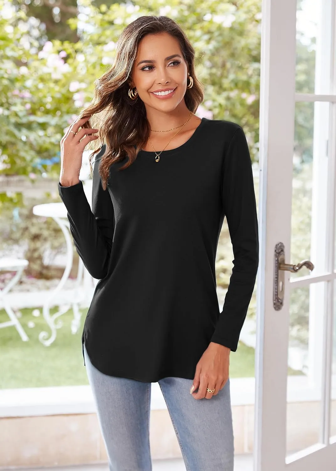 Herou Women's Casual Long Sleeve T Shirt Crewneck With Side Split Fall Pullover Loose Tunic Sweater Tops