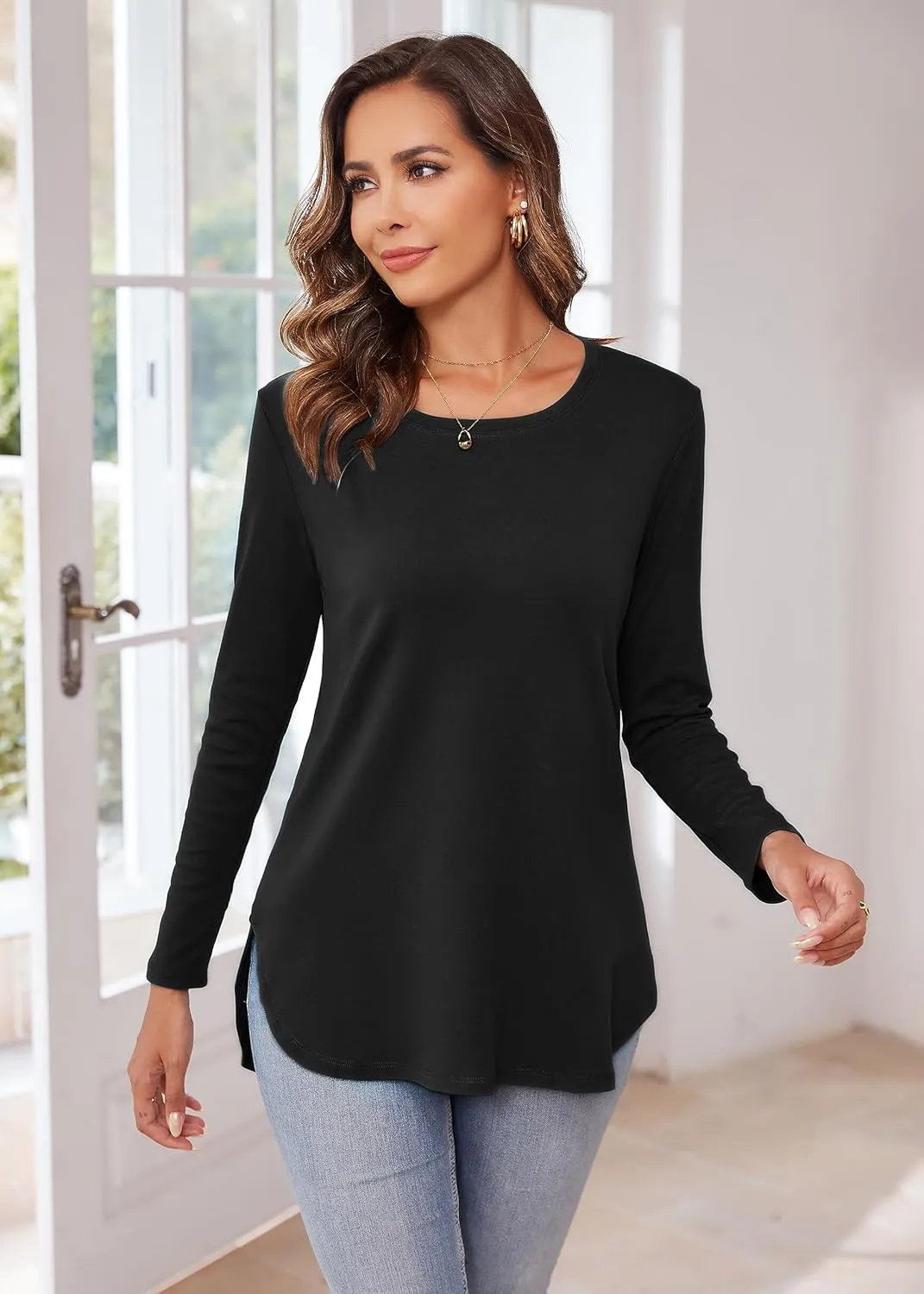 Herou Women's Casual Long Sleeve T Shirt Crewneck With Side Split Fall Pullover Loose Tunic Sweater Tops