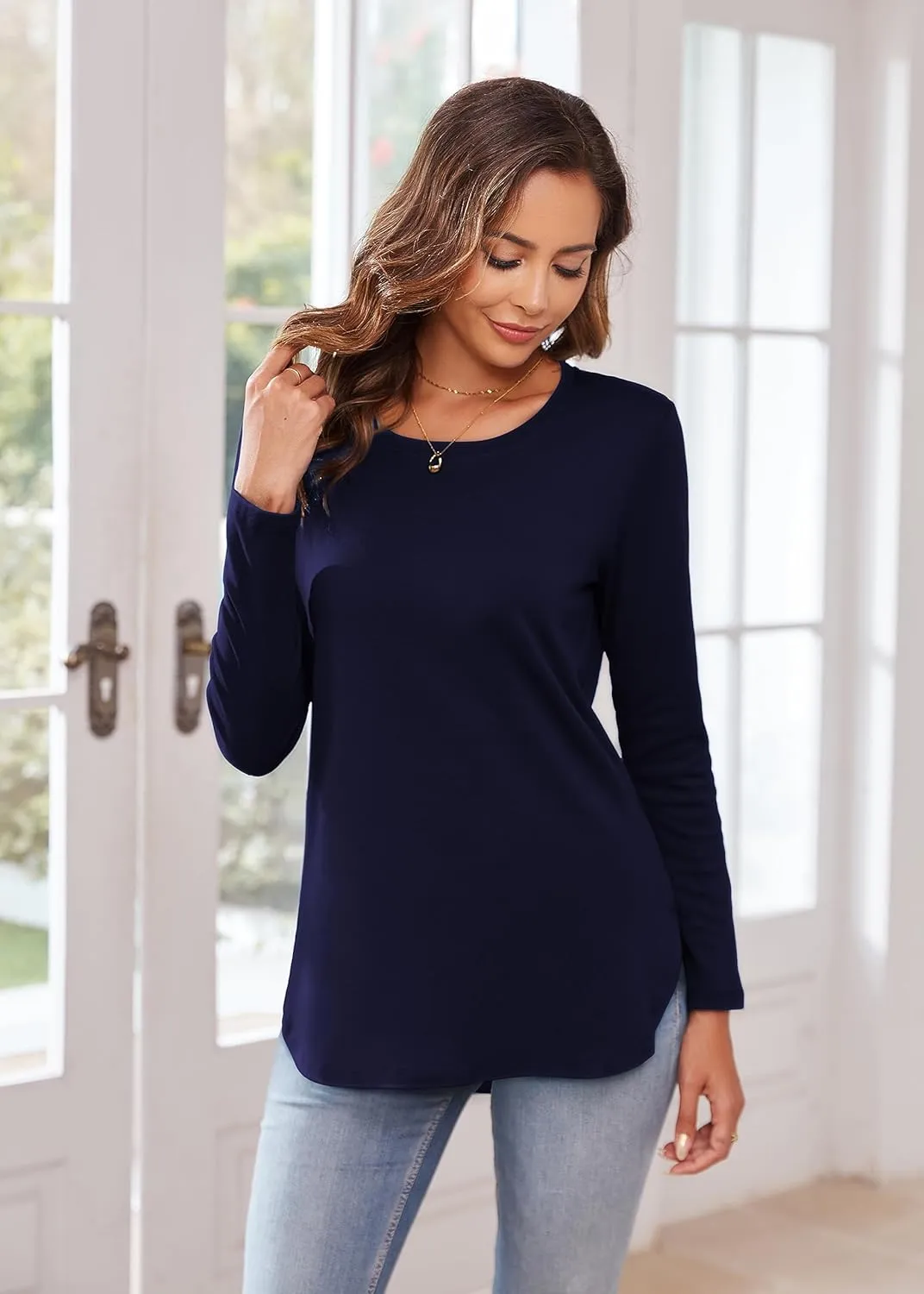 Herou Women's Casual Long Sleeve T Shirt Crewneck With Side Split Fall Pullover Loose Tunic Sweater Tops