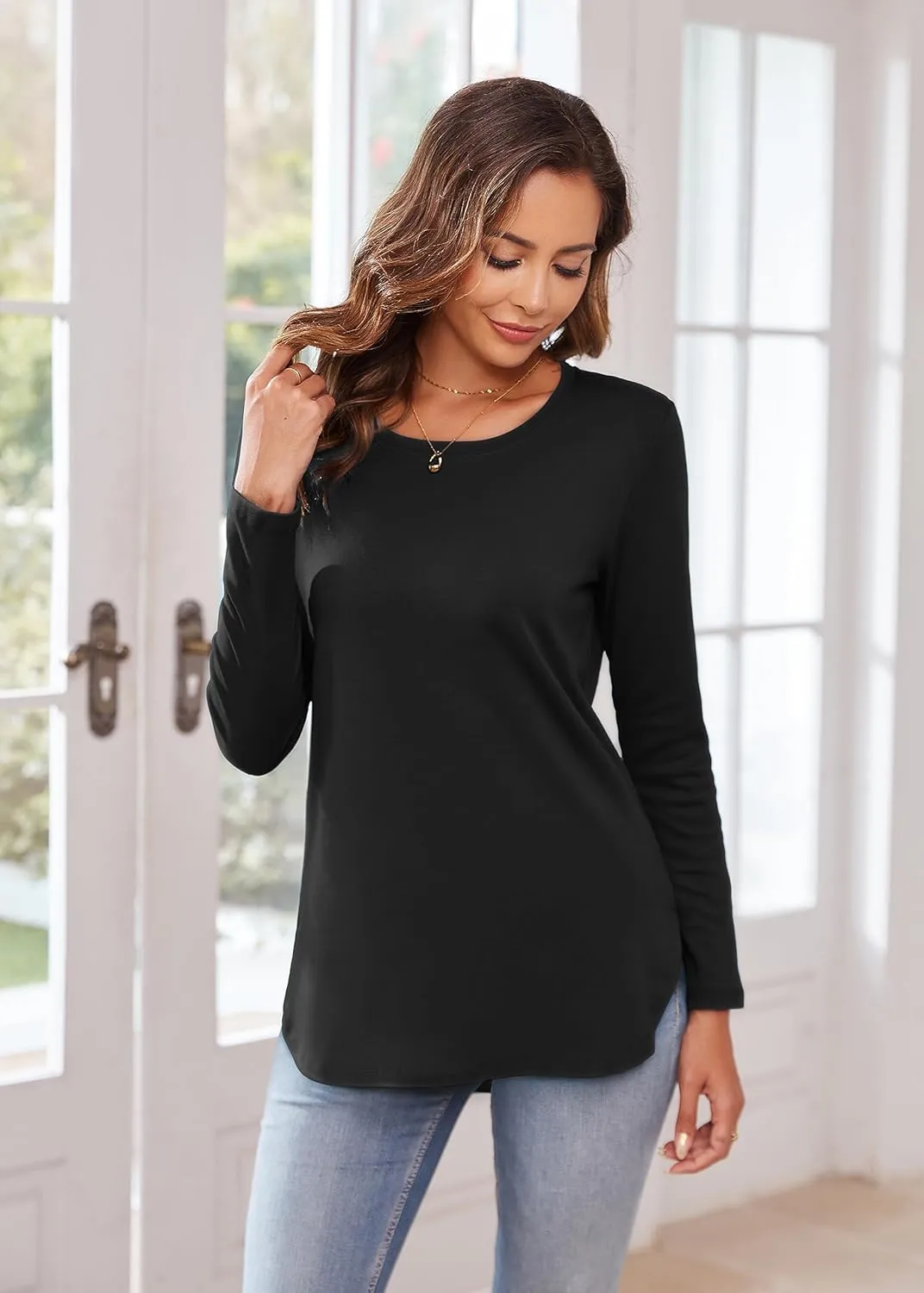 Herou Women's Casual Long Sleeve T Shirt Crewneck With Side Split Fall Pullover Loose Tunic Sweater Tops