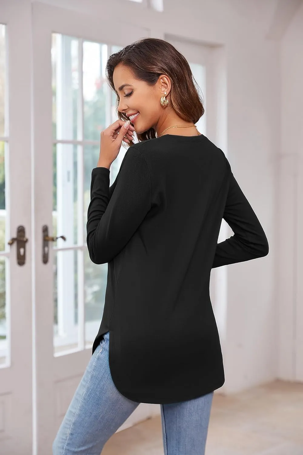 Herou Women's Casual Long Sleeve T Shirt Crewneck With Side Split Fall Pullover Loose Tunic Sweater Tops