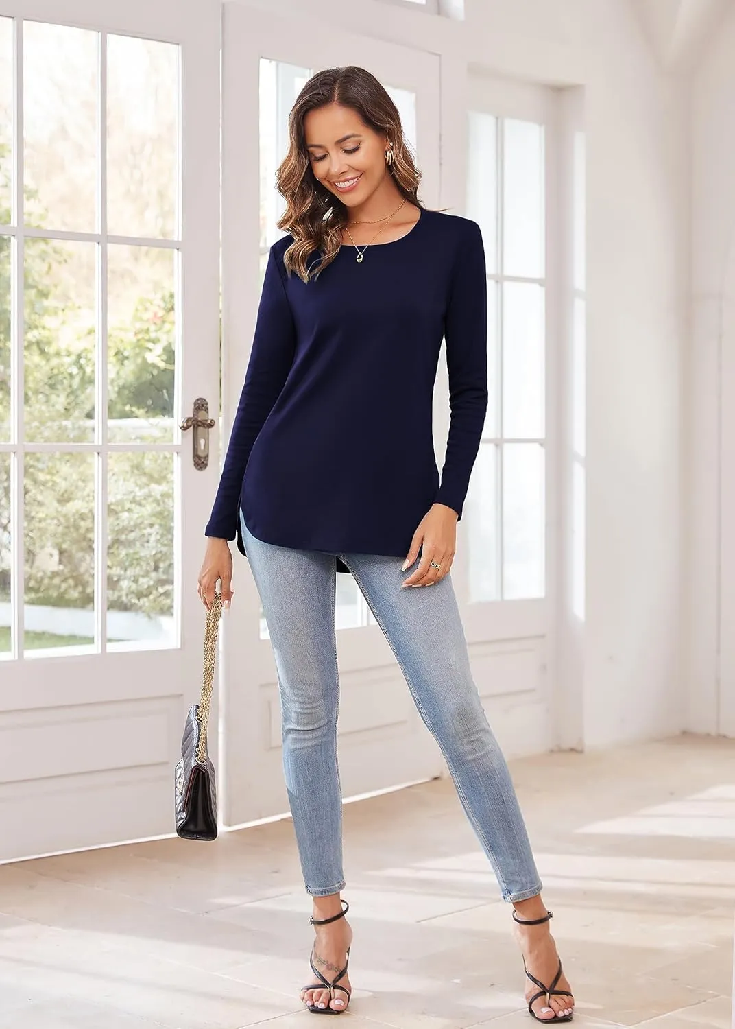 Herou Women's Casual Long Sleeve T Shirt Crewneck With Side Split Fall Pullover Loose Tunic Sweater Tops