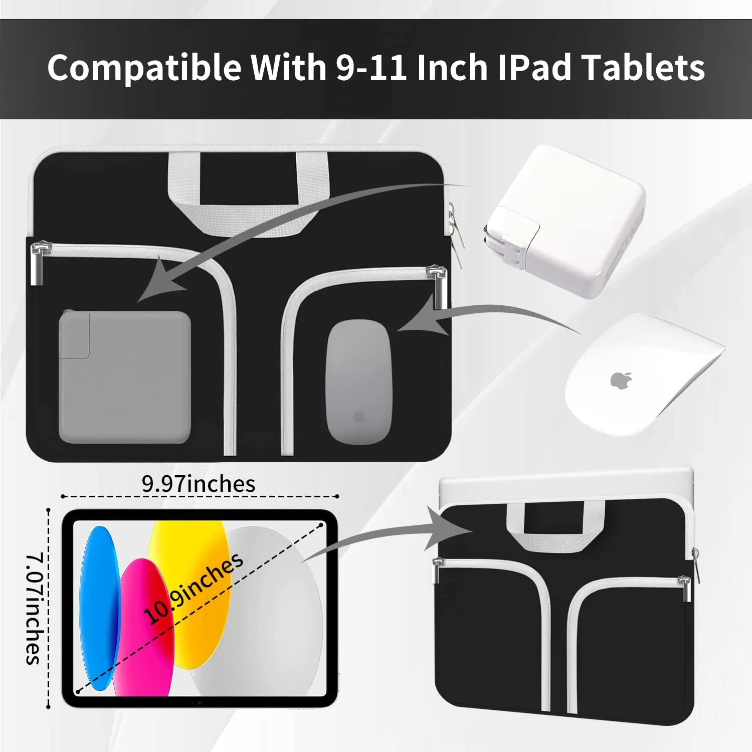 HESTECH Tablet Sleeve Case for 11 inch iPad Pro M4 / iPad Air M2 / 10.9 inch iPad / 10.2" iPad / 10.9" iPad Air / 10.5 iPad Pro Air, 11 inch Samsung Galaxy Tab A9  Bag, Fit Magic Keyboard, Black