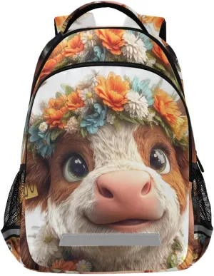 Highland Cow Flowers Backpack for Boys Girls Elementary School Bag Kids Travel Bags Casual Rucksack Laptop Bookbag