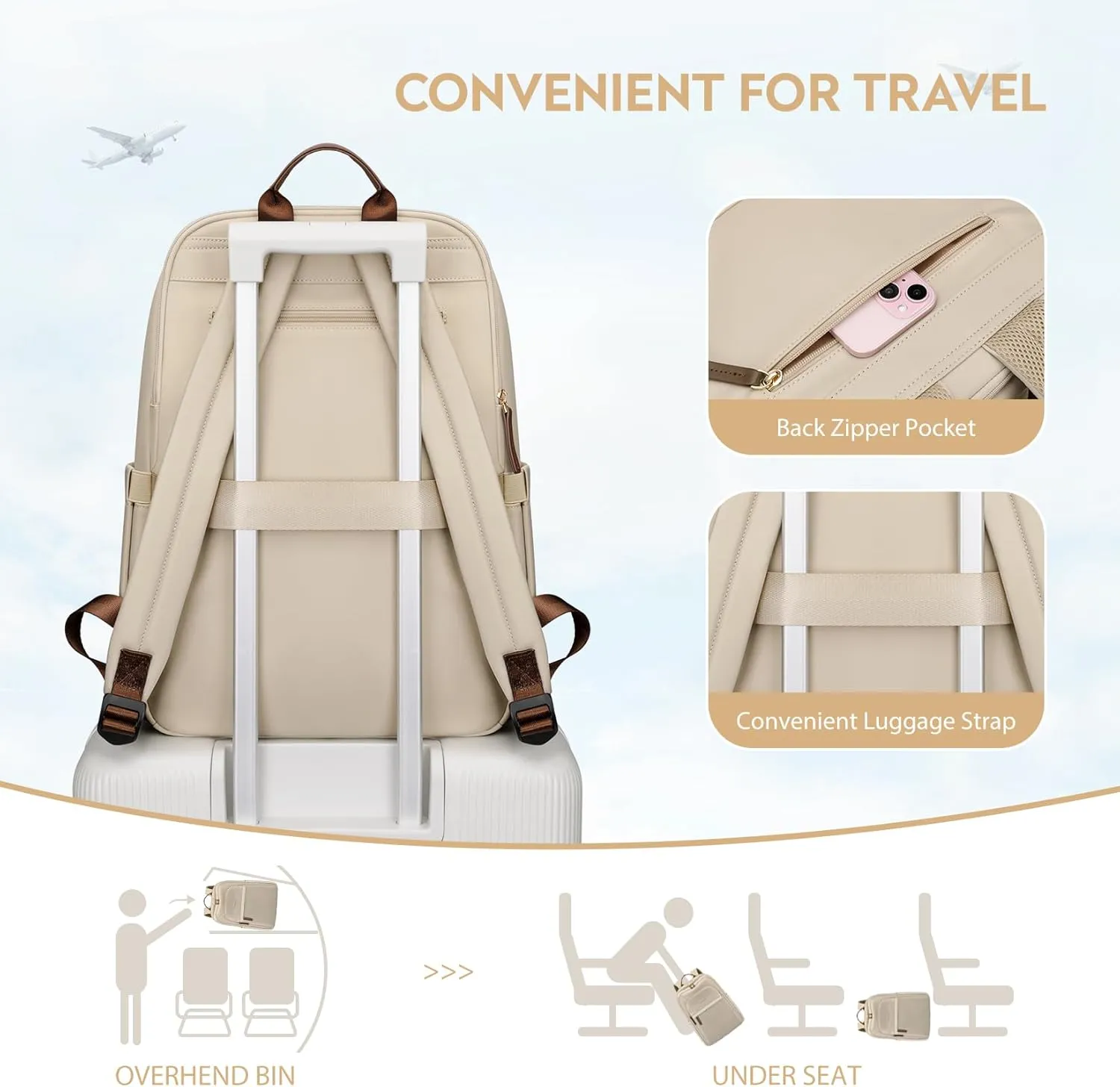Hiking Travel Backpack for Women Casual Business Weekender Multilayer Laptop Bag,16 Inch,Apricot