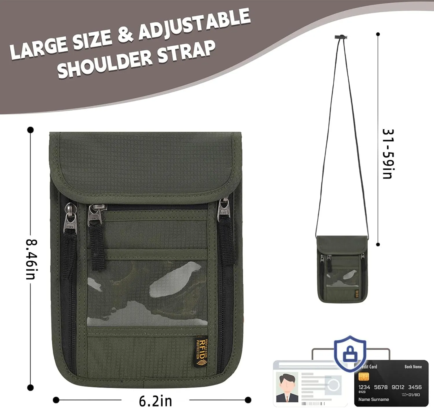Hiroyuki Travel Neck Pouch Neck Wallet with RFID Blocking Passport Holder Travel Pouch Neck Wallet Family Passport Holder Organizer Case (Green)