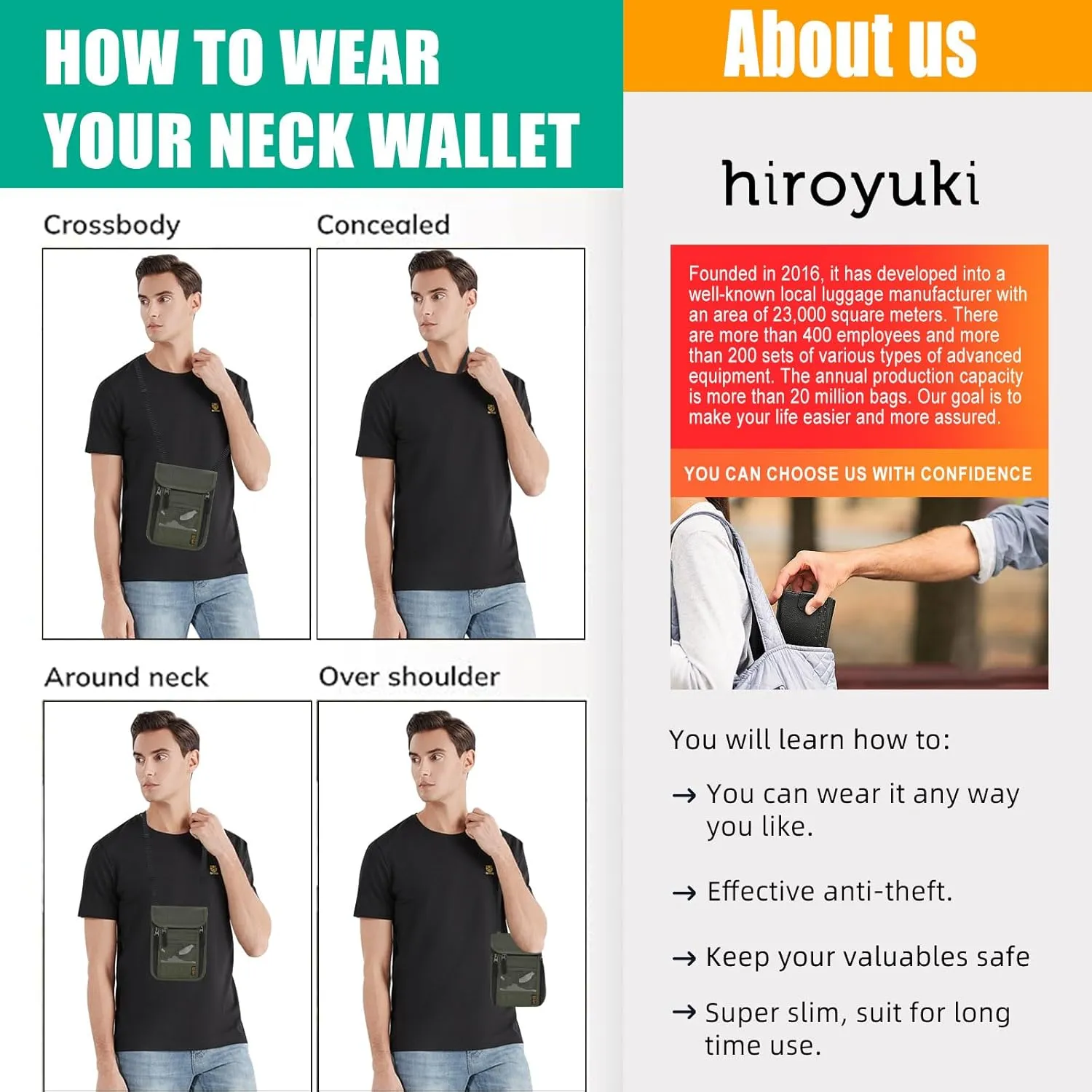 Hiroyuki Travel Neck Pouch Neck Wallet with RFID Blocking Passport Holder Travel Pouch Neck Wallet Family Passport Holder Organizer Case (Green)
