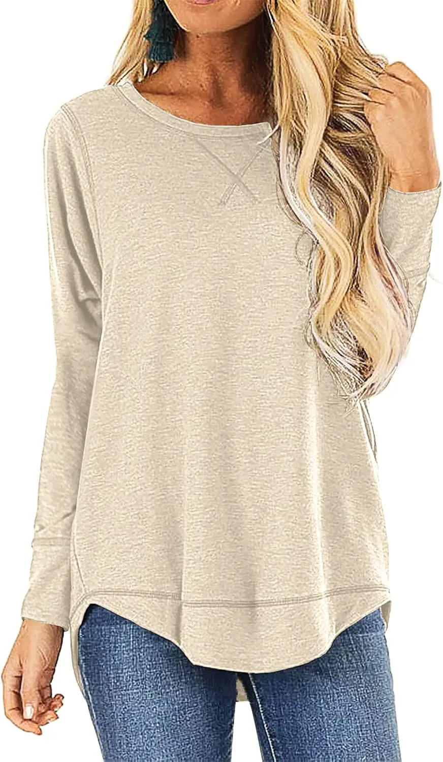 HIYIYEZI Fall Tops for Women Long Sleeve Side Split Casual Loose Tunic Top