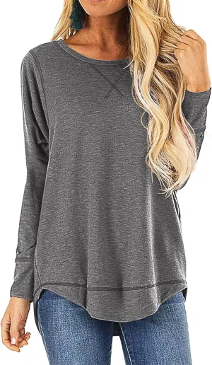 HIYIYEZI Fall Tops for Women Long Sleeve Side Split Casual Loose Tunic Top