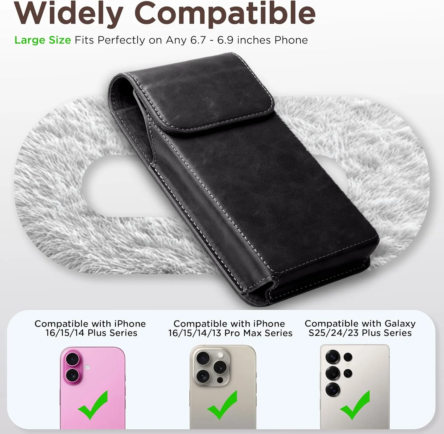 Holster for iPhone 15 Pro Max 14 Pro Max 13 Pro Max 12 Pro Max 11 Pro Max 15 Plus 14 Plus, Premium Leather Pouch with Belt Clip Phone Holster Belt Case, Black -L, Large