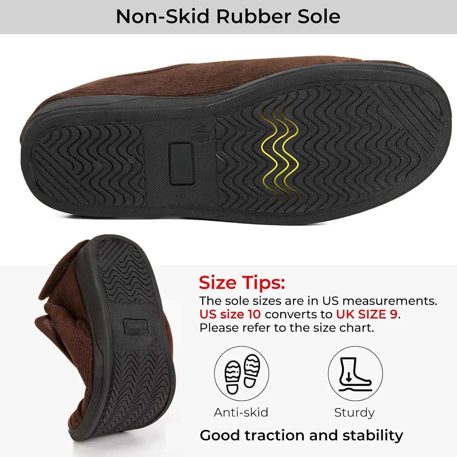 HomeTop Men's Corduroy Slippers Comfy Adjustable Hook and Loop Memory Foam Wide Indoor House Shoes for Diabetic Swollen Feet