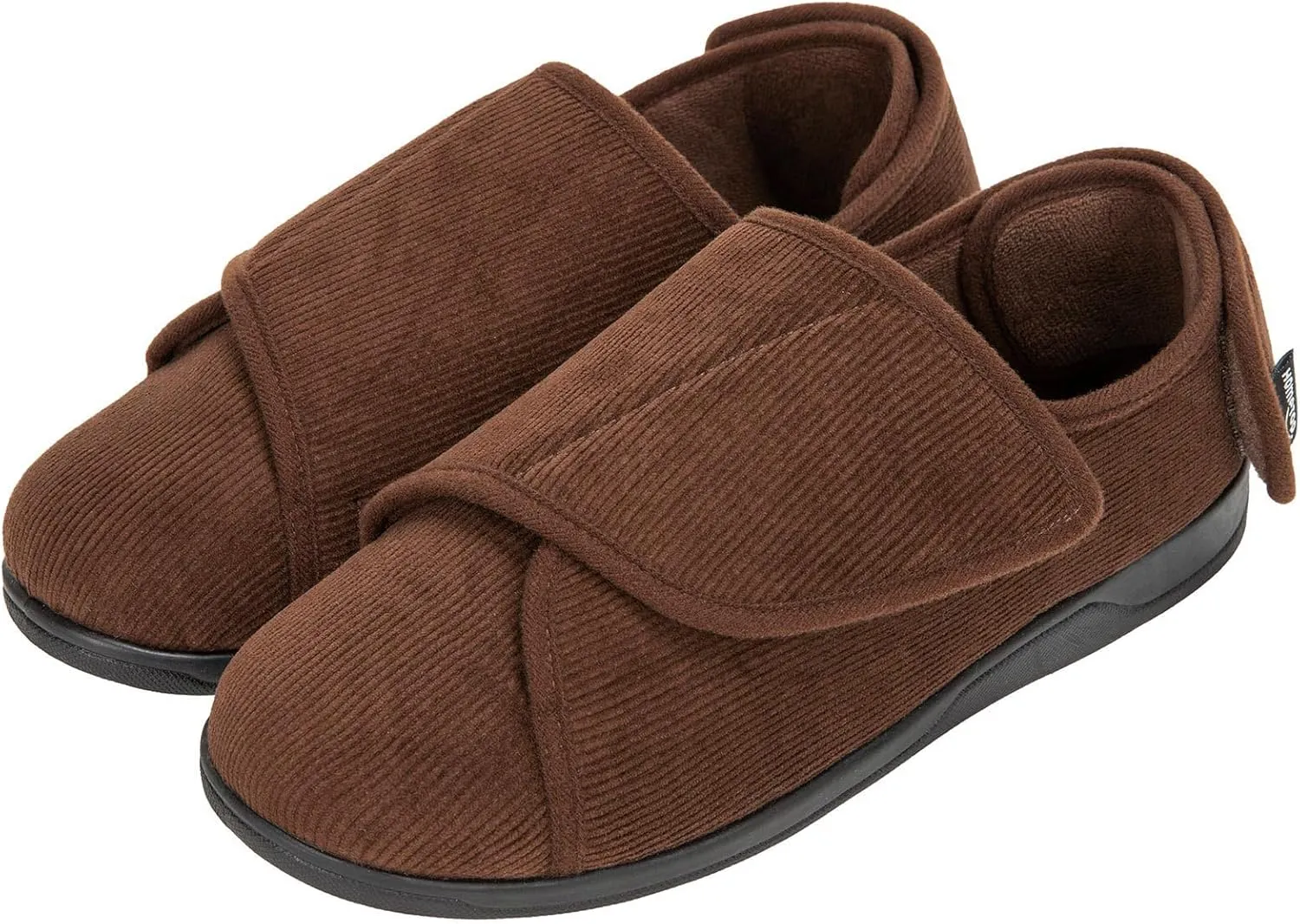 HomeTop Men's Corduroy Slippers Comfy Adjustable Hook and Loop Memory Foam Wide Indoor House Shoes for Diabetic Swollen Feet