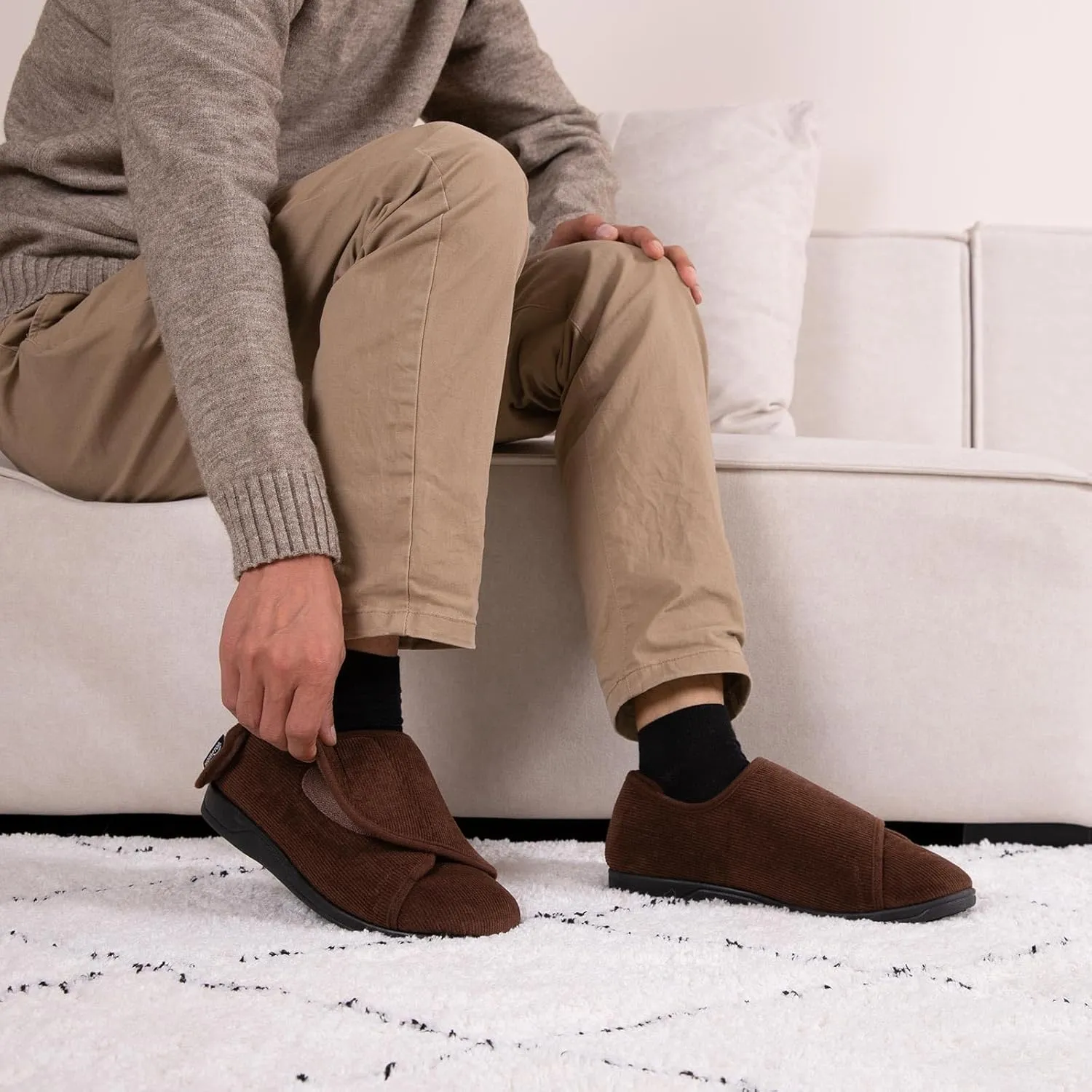 HomeTop Men's Corduroy Slippers Comfy Adjustable Hook and Loop Memory Foam Wide Indoor House Shoes for Diabetic Swollen Feet