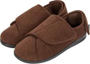 HomeTop Men's Corduroy Slippers Comfy Adjustable Hook and Loop Memory Foam Wide Indoor House Shoes for Diabetic Swollen Feet