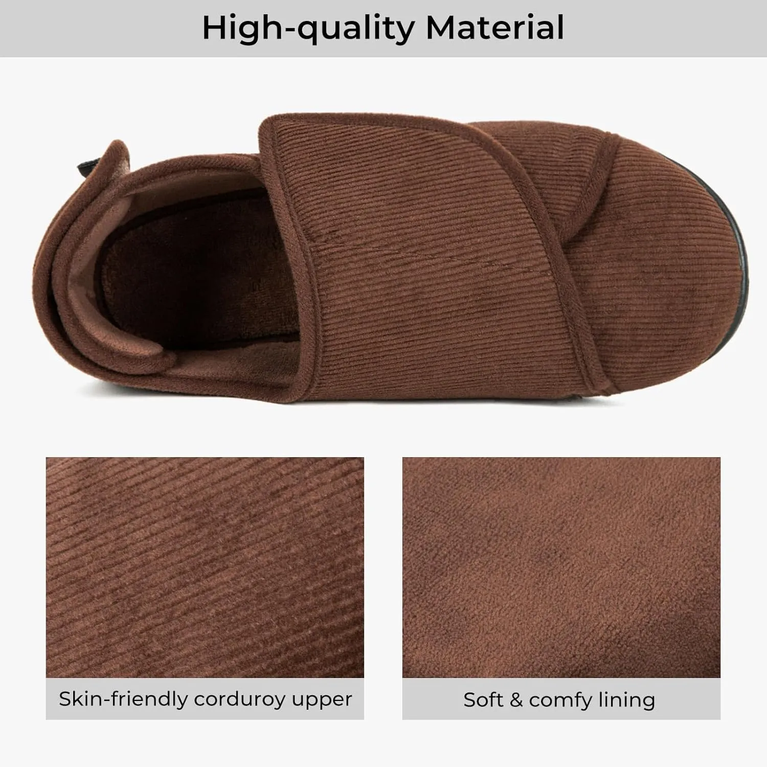 HomeTop Men's Corduroy Slippers Comfy Adjustable Hook and Loop Memory Foam Wide Indoor House Shoes for Diabetic Swollen Feet