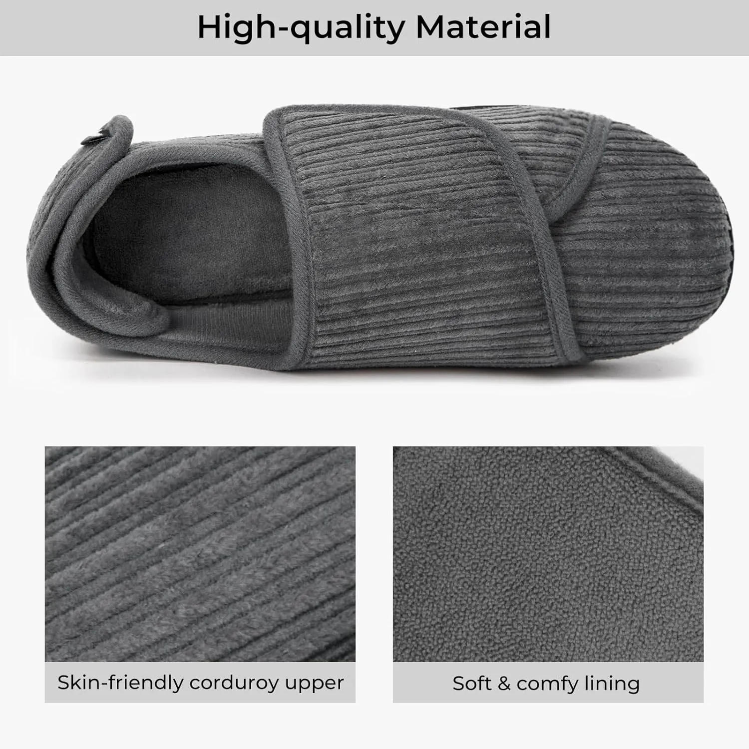 HomeTop Women's Corduroy Slippers Comfy Adjustable Hook and Loop Memory Foam Indoor Closed-back House Shoes for Diabetic Swollen Feet