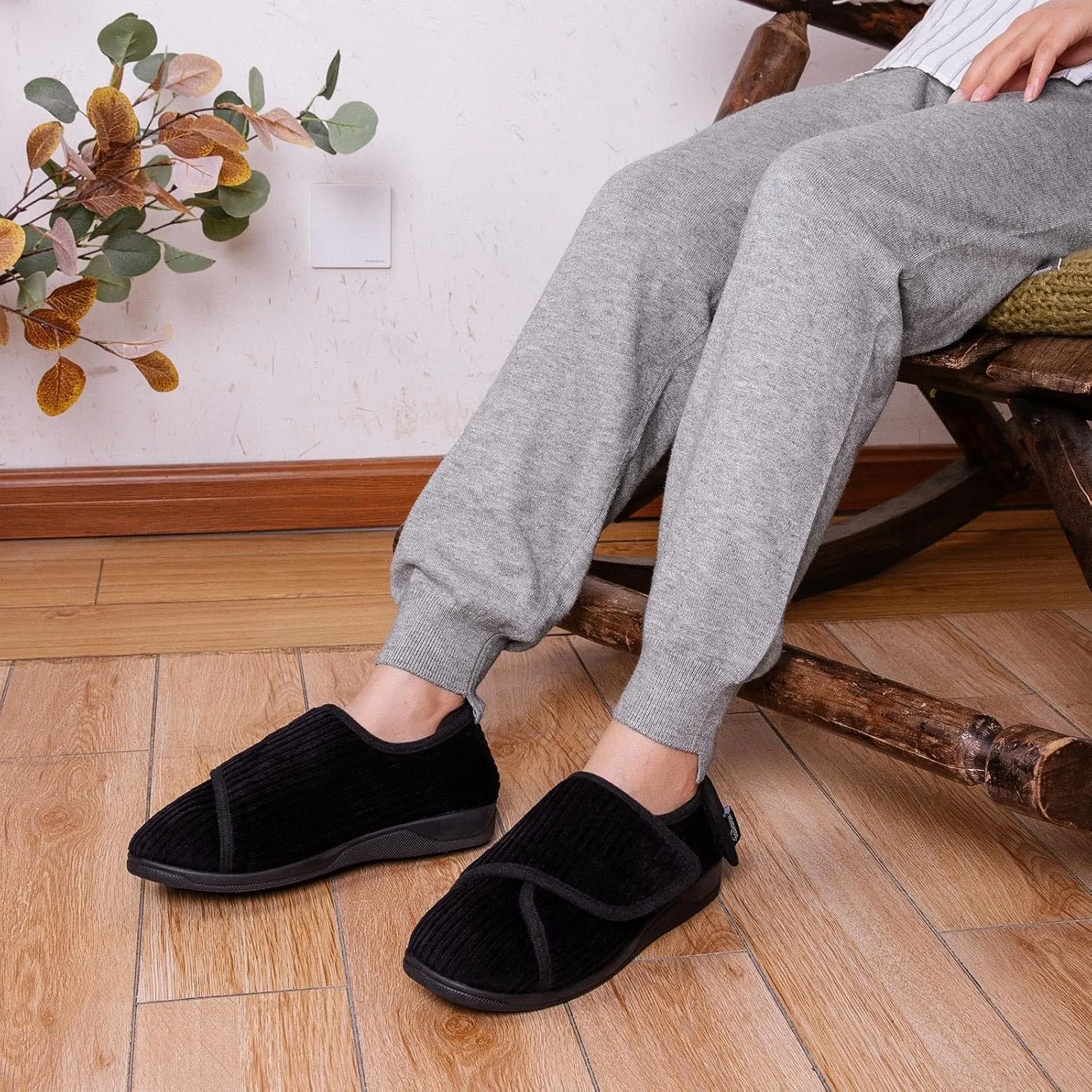 HomeTop Women's Corduroy Slippers Comfy Adjustable Hook and Loop Memory Foam Indoor Closed-back House Shoes for Diabetic Swollen Feet