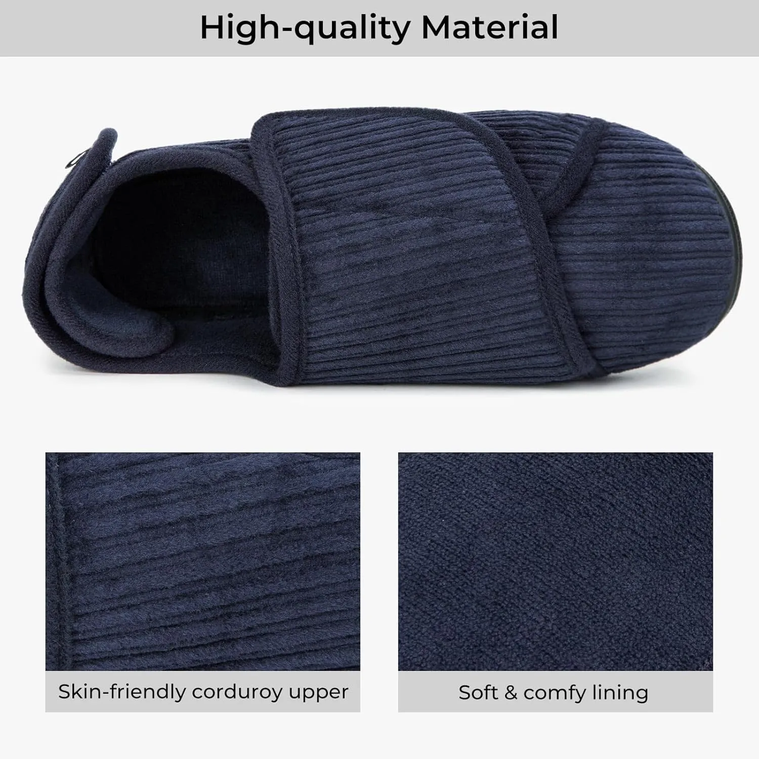 HomeTop Women's Corduroy Slippers Comfy Adjustable Hook and Loop Memory Foam Indoor Closed-back House Shoes for Diabetic Swollen Feet