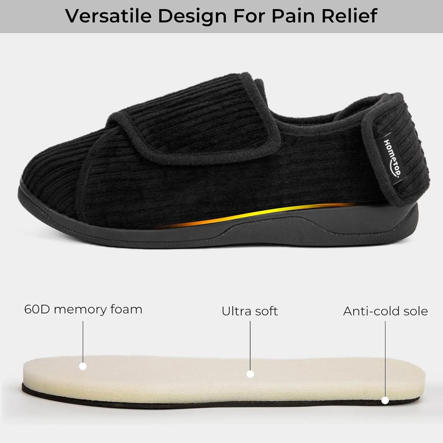 HomeTop Women's Corduroy Slippers Comfy Adjustable Hook and Loop Memory Foam Indoor Closed-back House Shoes for Diabetic Swollen Feet