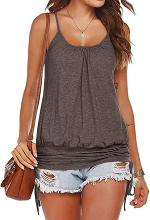 Hongqizo Women Summer Tank Tops Casual Spaghetti Strap Banded Bottom Loose Camisole Side Shirring Lace Up Shirts