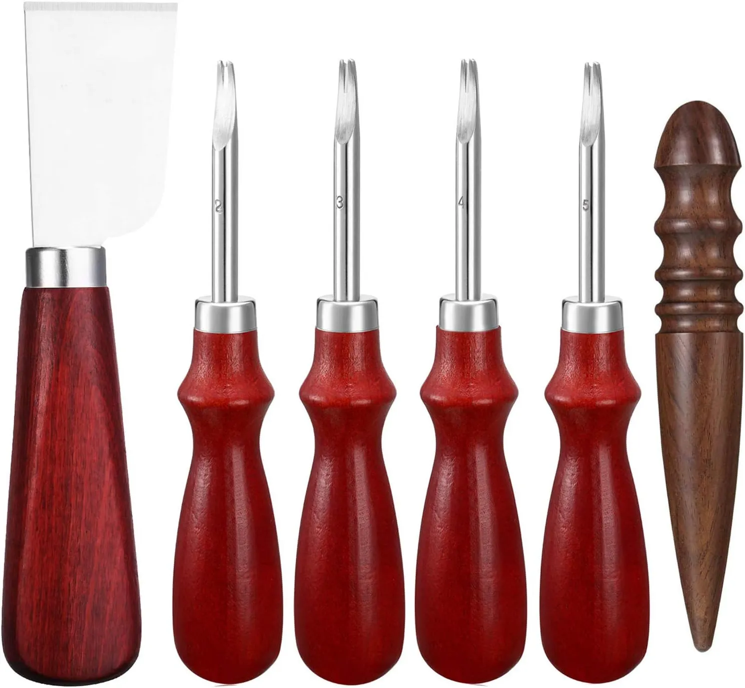 Honoson 6 Piece Leather Craft Tool Set - Includes 4 Edge Beveler, Cutting Knife, Skiving Knife, and Sandalwood Burnisher (1.5 Mm, 1.2 Mm, 1.0 Mm, 0.8 Mm)