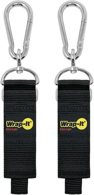 Hook 'n Hang Wrap-It Storage Straps - 12" (2-Pack) Black - Carabiner Straps to Use as Extension Cord Holder Heavy Duty Straps with Hooks for Cord Storage or Garden Hose Strap, A102-HNH-12BL