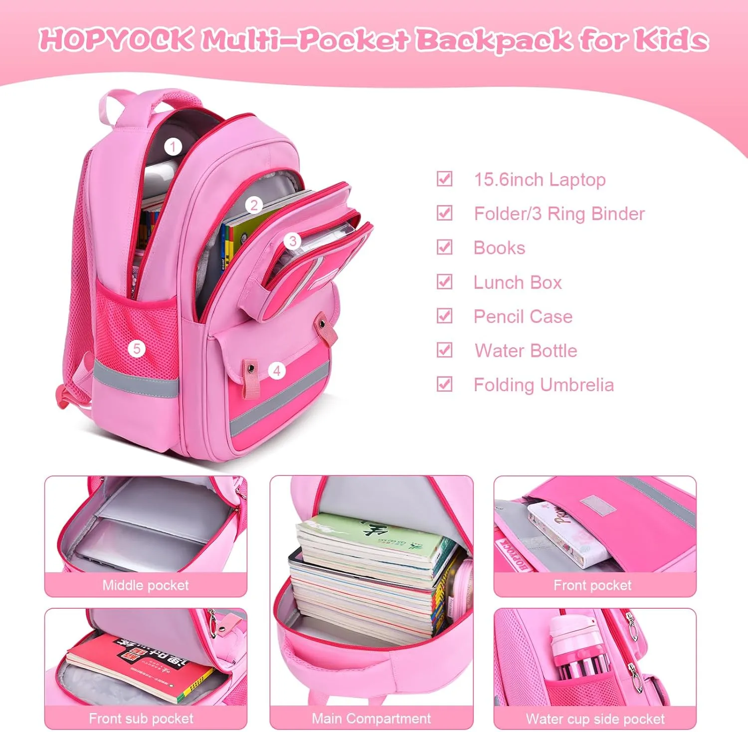 HOPYOCK-School Bags for Girls,Multi-Pocket Unisex Elementary School Backpack with Reflective Design,Kids Backpacks Fit for 4-12 Years Old