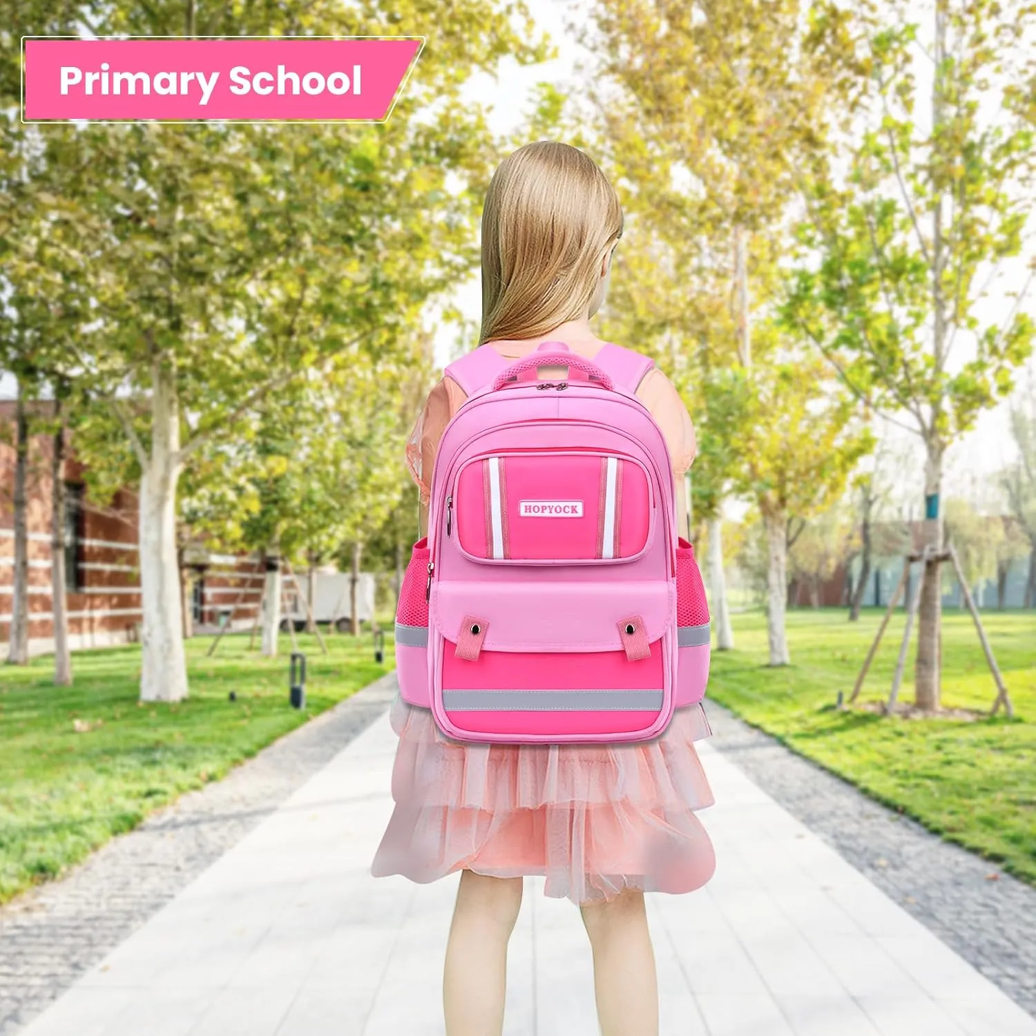 HOPYOCK-School Bags for Girls,Multi-Pocket Unisex Elementary School Backpack with Reflective Design,Kids Backpacks Fit for 4-12 Years Old
