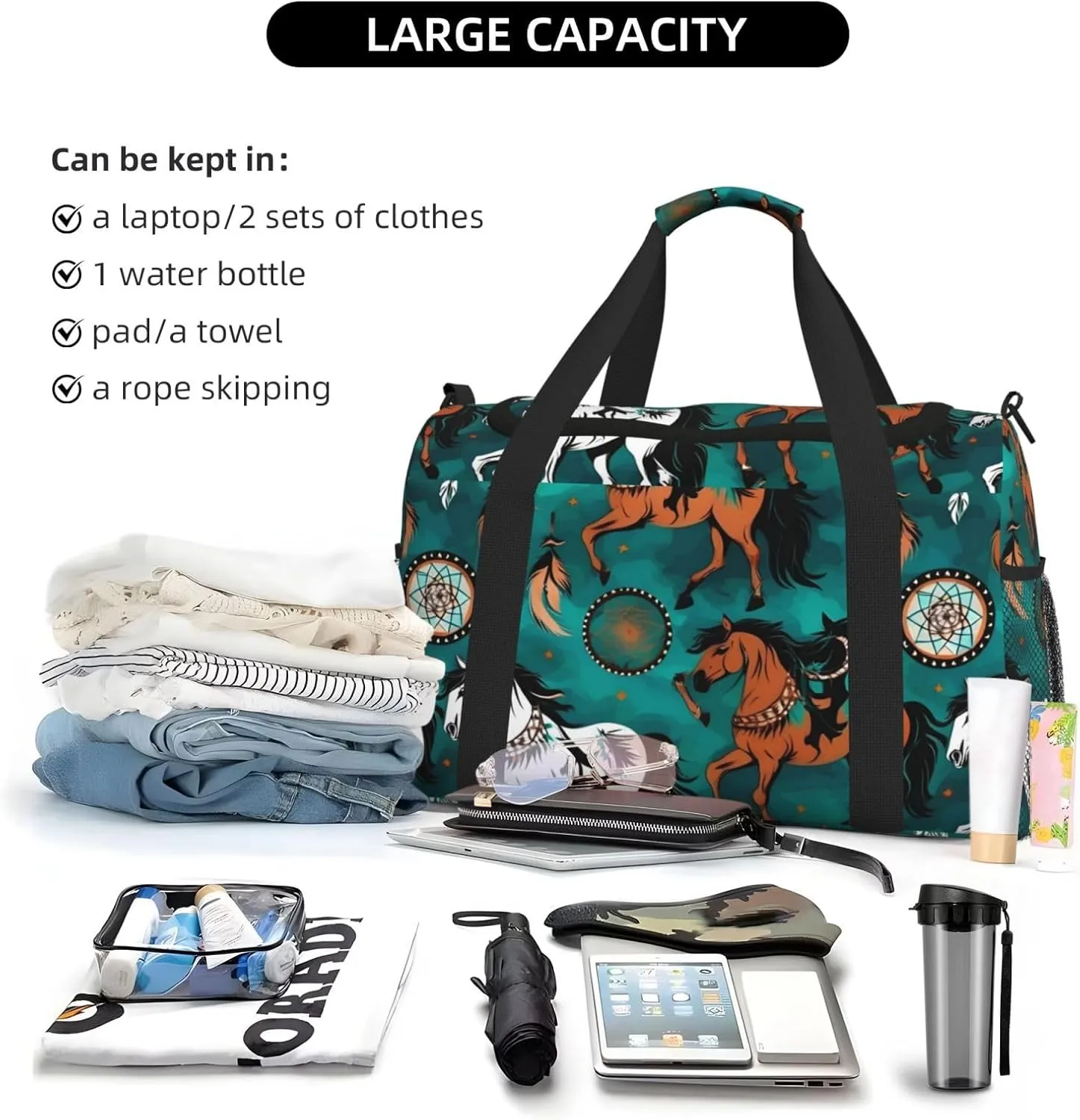 Horse Stripes Pattern Travel Duffel Bag With Zippers And Handles, Big Foldable Duffle Bag For Family Vacations