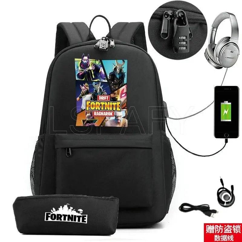 Hot Game FORTNITE Anime College School Bags Boys Girls USB Charging School Bag FORTNITE Schoolbag 2 pcs sets