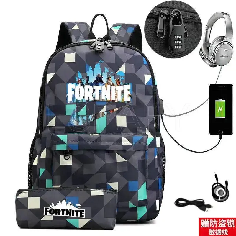 Hot Game FORTNITE Anime College School Bags Boys Girls USB Charging School Bag FORTNITE Schoolbag 2 pcs sets