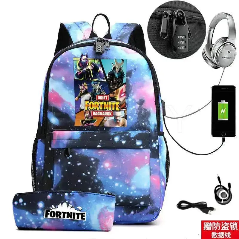 Hot Game FORTNITE Anime College School Bags Boys Girls USB Charging School Bag FORTNITE Schoolbag 2 pcs sets